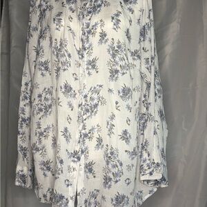 Cottagecore Blue Floral Button Down Blouse - Textured Boho Long Sleeve Shi